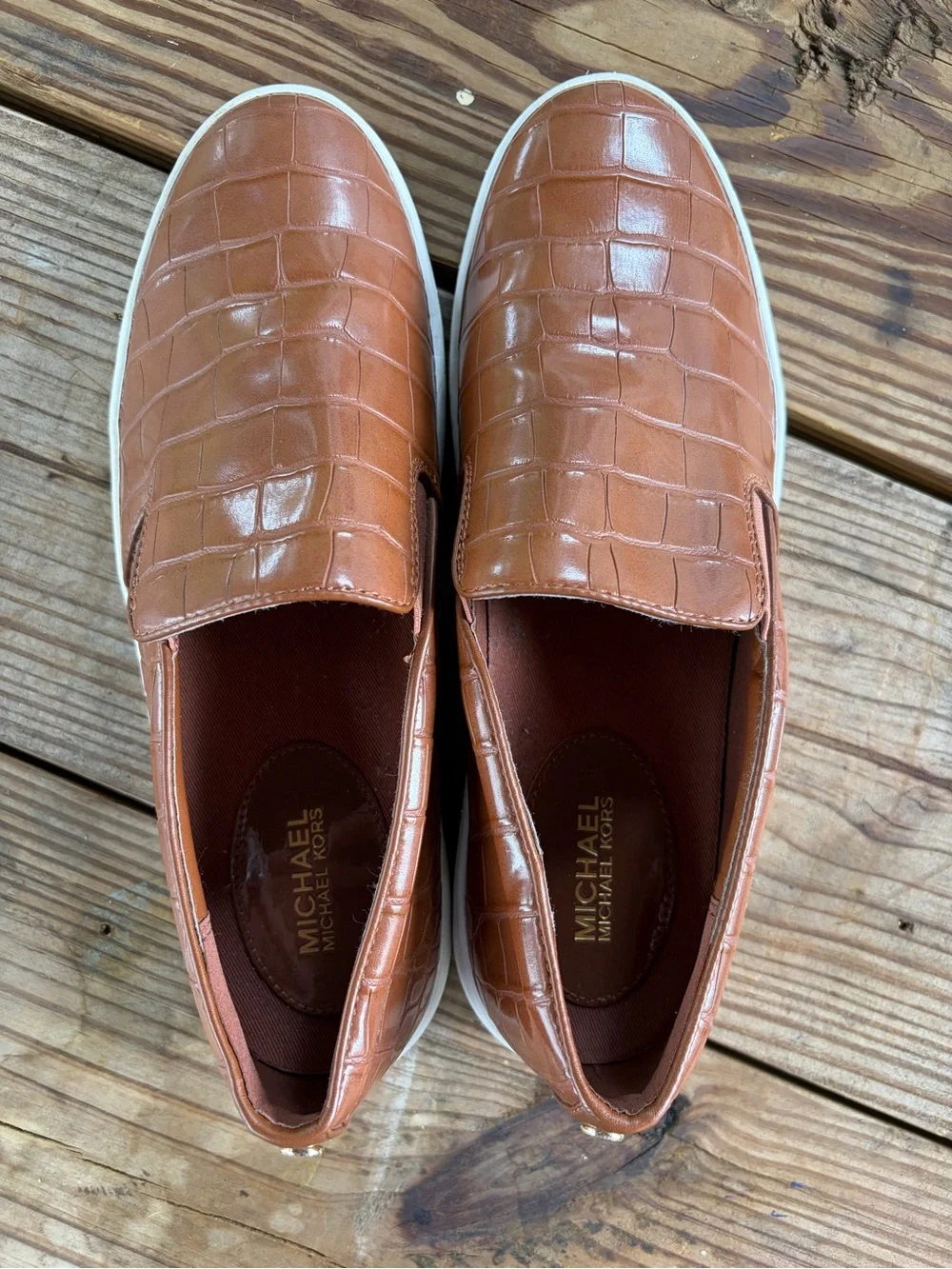 Michael Kors Women’s Brown Croc-Embossed Slip-On Sneakers with White Sole